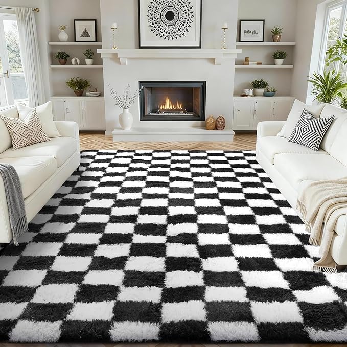 Ophanie Area Rugs for Bedroom Living Room,Color Checkered Black & White,Size 8' x 10',Shape Rectangular