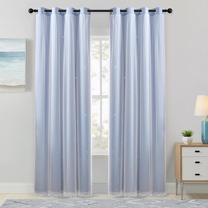 XiDi Sky Blue Blackout Curtains with Sheer Overlay Mix and Match Double Layer Thermal Insulated Window Panels 90 inch for Living Room Bedroom Blue Drapes with Tiebacks Grommet Top 34" Wx90 Lx2