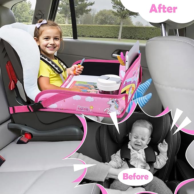 Kids Travel Tray for Toddler Carseat, Road Trip Activities Essentials, Kids Lap Desk Tray with Tablet Holder Stand and Dry Erase Board, Pink Unicorn
