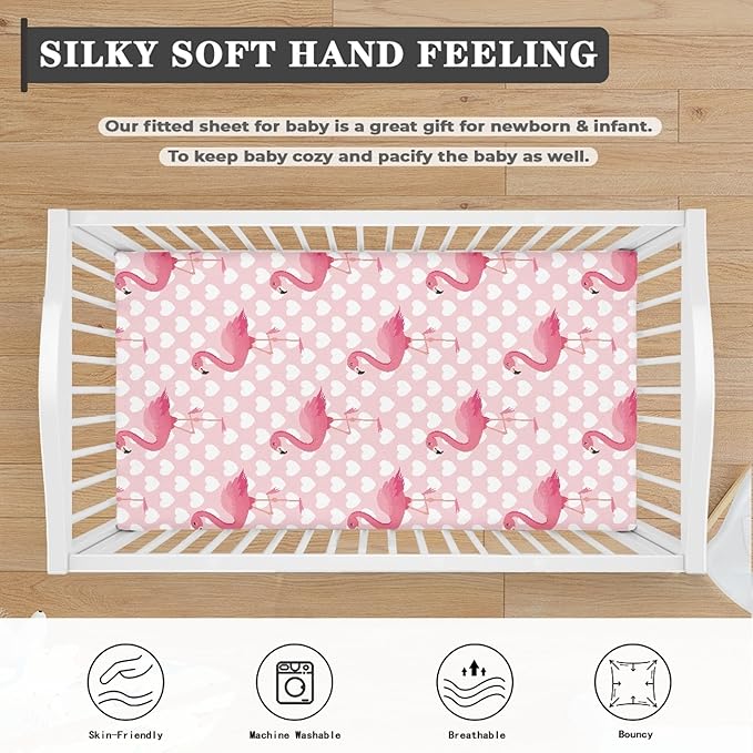 Pink Flamingo Fitted Crib Sheet for Boys Girls Love Heart Baby Sheet for Standard Crib and Toddler Beautiful Tropical Flamingos Nursery Bed Mattress Sheets 28"x52"