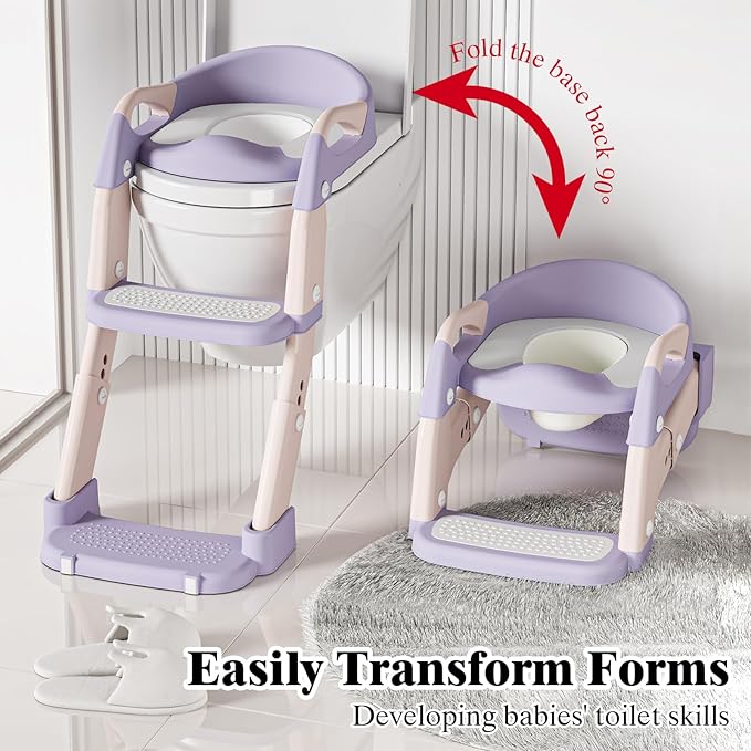 DEEKI 3 in 1 Potty Training Seat with Step Stool Ladder Foldable Anti-slip Toilet Chair Potty Seat for Toddlers Kids Boys Girls(Purple)