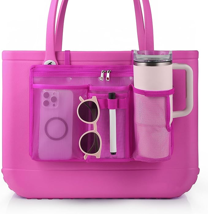 OUTXE Organizer Holder for Bogg Simple Modern Bag Accessories, Cup Phone Holder compatible with Stanley, Storage Mesh Divider Organizing Insert Pouch for XL Bog Beach Rubber Tote, Hot Pink