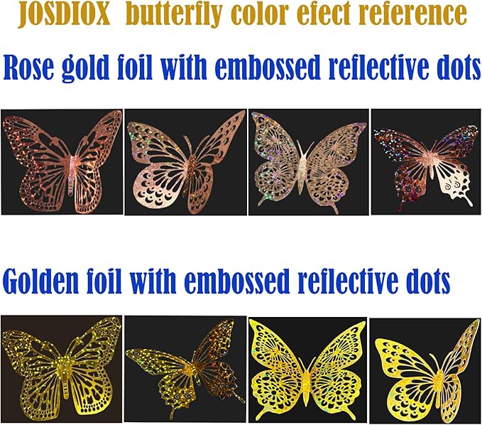 JOSDIOX 3D Reflective Dot - Patterned Gold & Gold Rose Butterfly Wall Stickers - 24 Pcs with 4 Styles & 3 Sizes, Removable Decor for Party Birthday Wedding Cake Balloon Decoration (Golden/Rose)