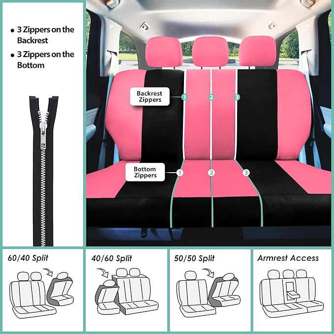 FH Group Full Set Cloth Car Seat Covers, Universal Fit combo, Low Back Front Seat Covers, Airbag Compatible, Split Bench Rear Seat, Washable Seat Cover for SUV, Sedan, Van, Pink