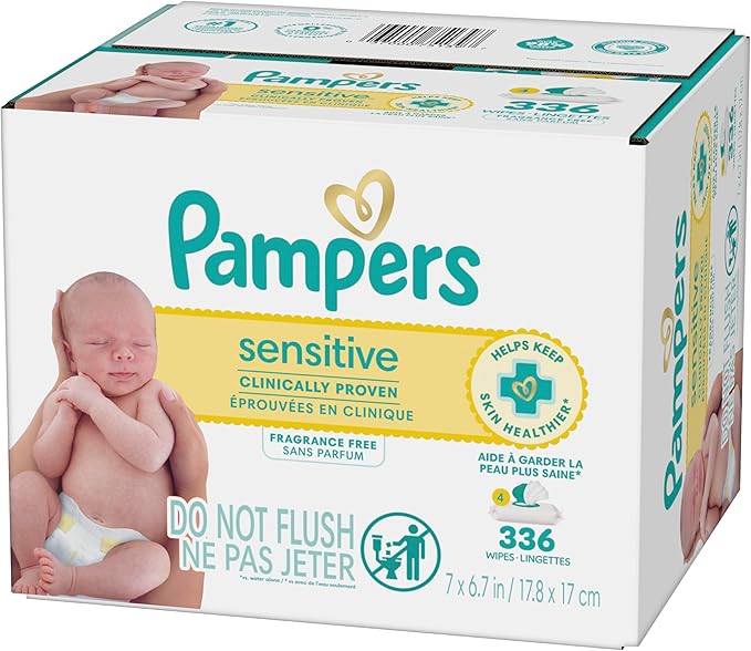 Pampers Sensitive Baby Wipes, Clinically Proven, Fragrance Free, Unscented, Water Based, Hypoallergenic, Multi-Use, Hand Wipes 504 Wipes Total (6X Flip-Top Packs) [Packaging May Vary]