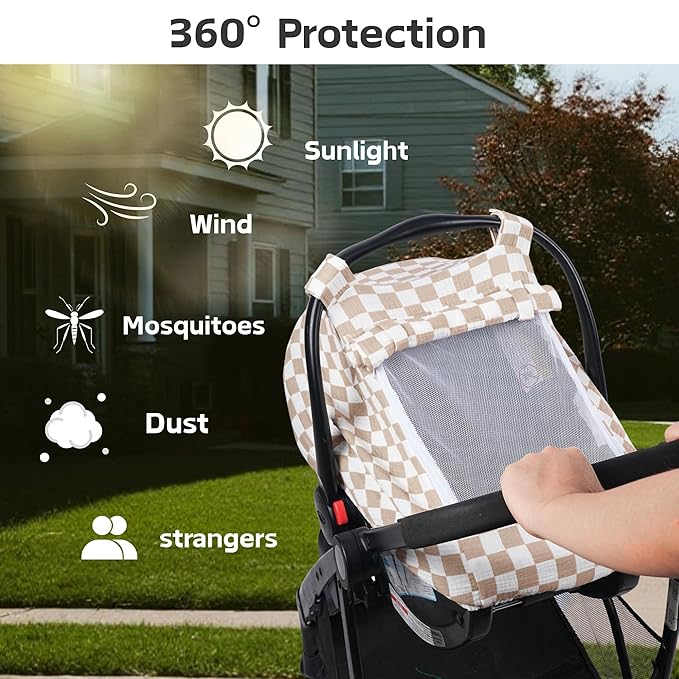 Summer Muslin Car Seat Cover for Baby – Breathable & Privacy Canopy with Large Mesh Window,3 Adjustable Modes,Easy Install Universal Fit for Infant Car Seats (Khaki Checkered)