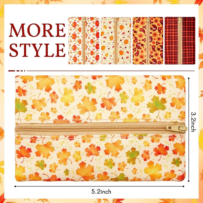 Sherr 5 Pieces Tissues Purse Pocket Tissue Holder Reusable Travel Tissue Pouch Fabric Zipper Enclosed Small Size Leaves Pattern Tissue Holder for Purse Coins for Fall, 5.25 x 3 Inches (Autumn Style)