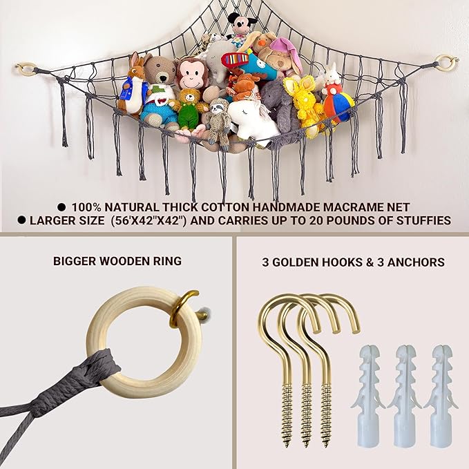 ABBY BABY Large Stuffed Animal Hammock Corner - Stuffed Animal Storage - 100% Natural Cotton Macrame Stuffed Animal Net - Stuff Animal Organizer - Net for Stuffed Animals Corner Large-Gray