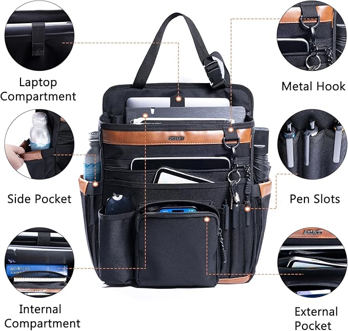 SPORJET Car Seat Organizer with Laptop Compartment (Fits 15.6"), Front & Backseat Passenger Organizer with Adjustable Strap, Multiple Pockets, Portable Office Bag, Water-Resistant 1200D Polyester