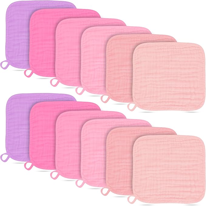 Baby Washcloths -100% Cotton Muslin Soft Baby Bath Wash Cloths and Absorbent Baby Wipes for Newborns Kids Girls and Boys - 12 Pack, 12x12 Inches - Pink, Purple, Sakura Series