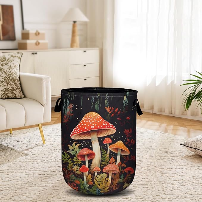 Mushrooms Forest Laundry Basket, Laundry Hamper Collapsible Oxford Cloth with Handle Clothes Toy Storage Bin for Bathroom Laundry Room Bedroom 15.7 X 20 Inch