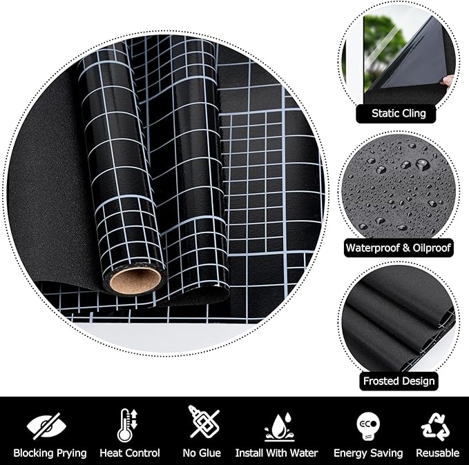 HIDBEA Blackout Window Film,100% Light Blocking Room Darkening Window Privacy Film,Frosted Glass Window Film Heat Control, Removable Window Cover Tint for Day Sleep (Black,17.5in x 6.5ft)