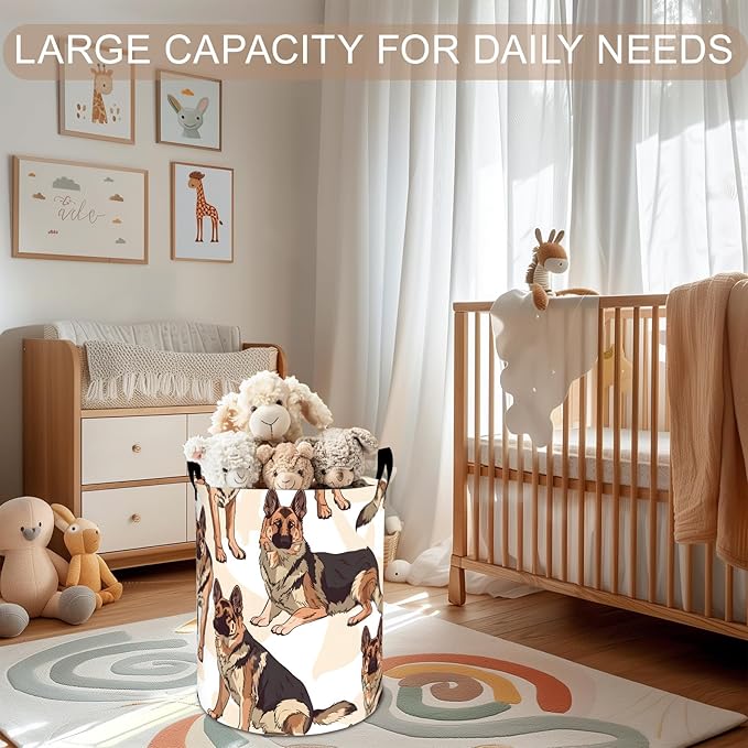 German Shepherd Laundry Basket Hamper 19.7"x15.8", Dog Foldable Waterproof Oxford Clothes Storage Bucket for Room Bathroom Bedroom Nursery Decor, Toy Organizer Bins Gifts for Kids Boys Girls