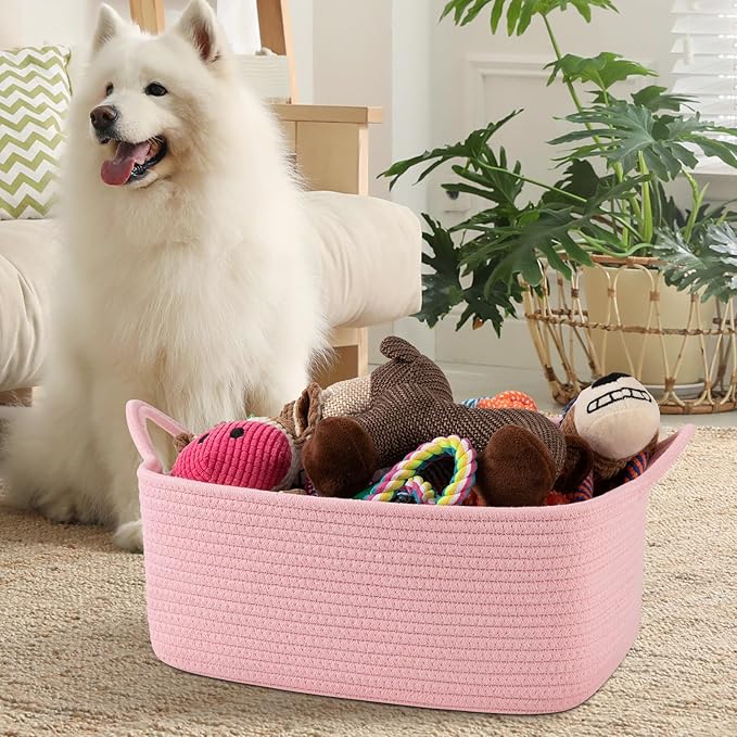 OIAHOMY 19L Woven Basket, Gift Basket Empty with Gift Bags and Ribbons, Rope Baskets for Baby Showers, Storage Baskets with Handles for Nursery, Pet Toy Organizer - Pink