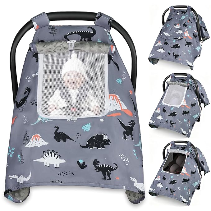 Car Seat Cover Baby, Carseat Covers Baby with 2 Layers Breathable Zipper Windows, Windproof Infant Car Seat Cover, Kick-Proof Baby Carrier Cover for Baby Boy Newborn Essentials