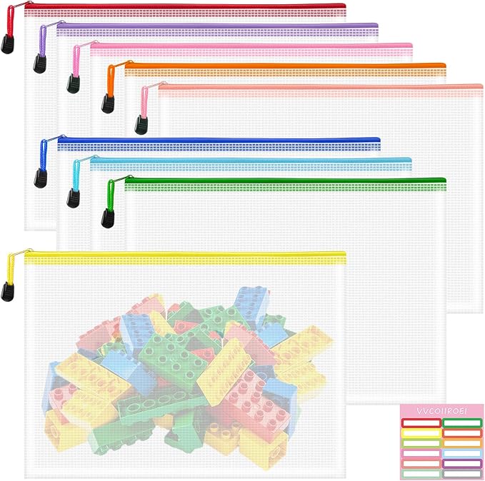 VVCOIIROEI 9pcs A4 Mesh Zipper Pouch Bags, 9 Colors, PVC Material, Reusable, Transparent, Zip Closure, Perfect for Toy Storage, Office Organization