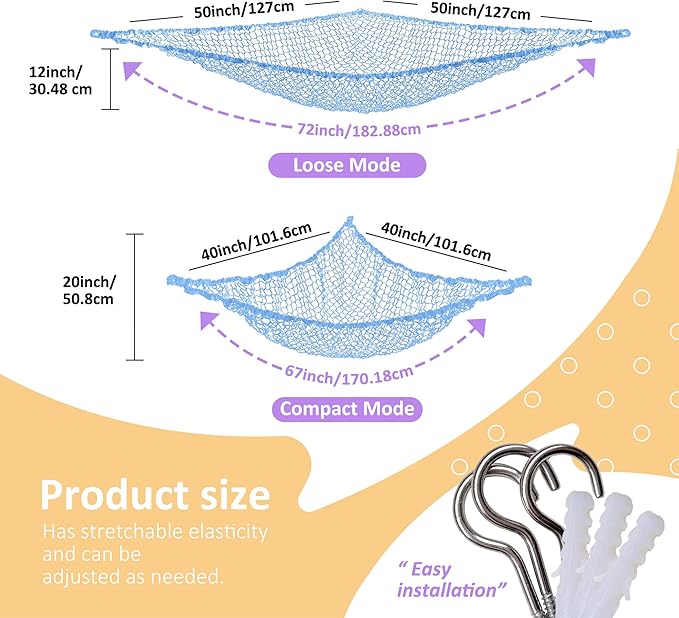 Lazebox Stuffed Animal Net Hammock for Plushie Toys, Stuffed Animal Hammock Corner for Kids' Room Decor, Ideas for Organizing Stuffy Collection, Blue, L (67" x 40" x 40")-Pack of 1