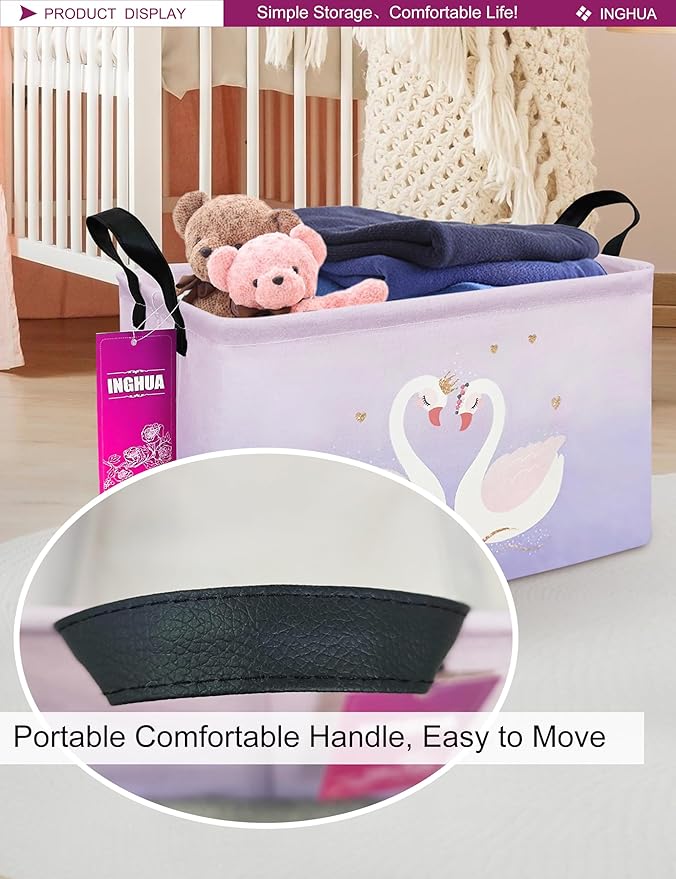 INGHUA Rectangular Storage Basket Fabric Organizer Bin for Toys,Books,Clothes,Gifts,Pets-Perfect for Home,Office,Nursery,Dorm,Shelf(Rec-Love Swans )