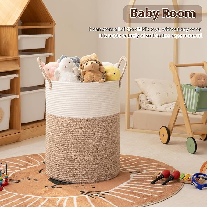 OIAHOMY Large Laundry Basket Hamper - 60L Cotton Rope Woven Basket for Blankets, Toys, Clothes - Tall Decorative Nursery Hamper with Long Handles, Brown/White