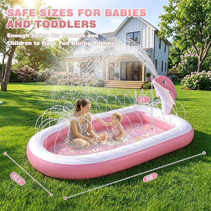 Splash Pads for Toddlers 1-3, Dolphin Toy Sprinkler for Kids, Outdoor Play Mat for Babies, 68" Backyard Inflatable Kiddie Pool, Splash Pad for Kids Ages 4-8, Birthday Gifts for 1 Year Old Boy Girl