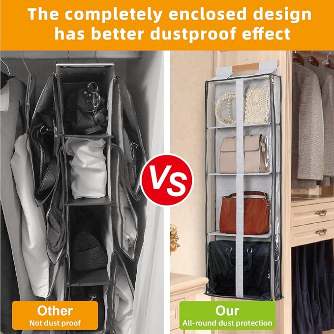 JINOKADI Clear Hanging Handbag Storage Organizer with Zippers, Easy Access Purse,Toy,Yarn,Hat Storage Holder Over The Door Purse Organizer Space Saving 4 Pockets for Closet Bedroom Living Room (Grey)