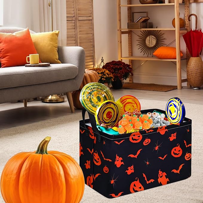 MAIZMZ Halloween Pumpkin Ghost Toys Storage Basket for Shelves Foldable Party Open Gift Box Waterproof Clothes Organizer Laundry Nursery Hamper with Handles Room Decor
