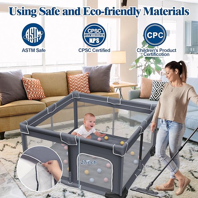 Jixrolyn Foldable Baby Playpen with Mat, 50"x50" Folding Playpen for Babies and Toddlers, Sturdy Safety Play Yard with Gate, Portable Kid's Play Pen with Bag