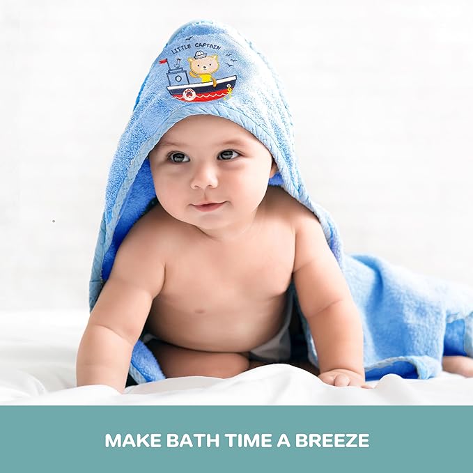 Spasilk Hooded Bath Towel and Washcloths Set for Newborns, 1 Soft Terry Baby Towel and 3 Baby Washcloths, Baby Essentials, Ideal, One Size, Blue Sailor