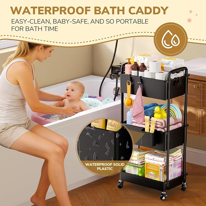 Goovilla Diaper Cart with Lockable Wheels and Easy Assembly, 3 Tier Black Rolling Cart for Baby Nursery Storage, Sturdy Ample Diaper Caddy Organizer for Baby Girl, Boy, New Mom, Newborn Essentials