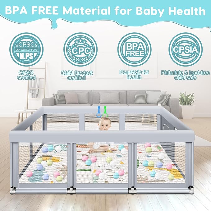 Fshibila 74" ×50" Large Baby Playpen, Baby Playard for Babies and Toddlers, PlayPen for Indoor & Outdoor, Sturdy Safety Play Yard with Soft Breathable Mesh, Ball x 18, Handle x 2, Mat x 1, Grey