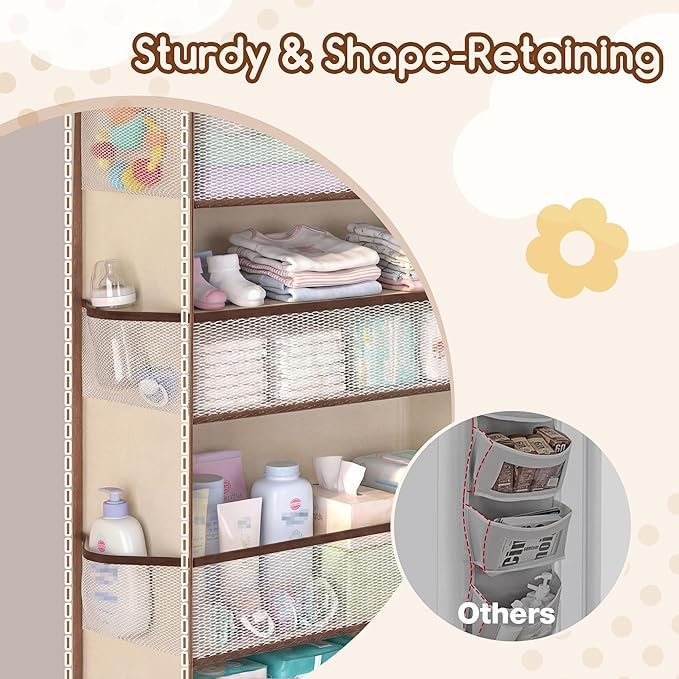 Baby Nursery Over The Door Organizer – 5-Tier 10 Pocket Hanging Storage with Removable Diaper Caddy & 3 Sturdy Hooks, 55LBS Capacity Baby Essentials Holder for Bathroom Bedroom Closet, Beige