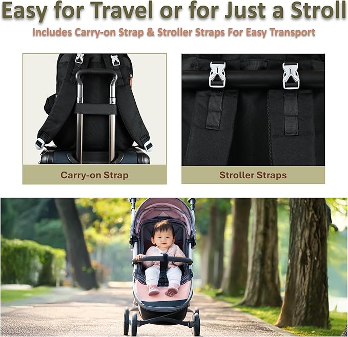 Rojnaz Baby Diaper Bag Backpack - Large Sturdy Bag for Boys & Girls, Changing Pad & Pacifier Case, Large Capacity, Insulated Pockets, Waterproof, Stroller Straps & Carry-on Straps, Unisex - Black