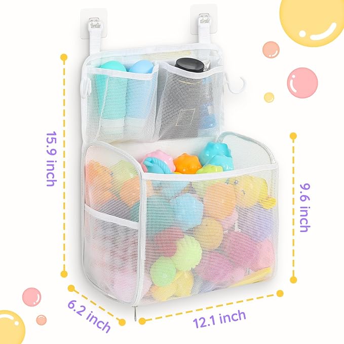 Goowin Bath Toy Storage Holder, Large Openings Bath Toy Organizer, Large Capacity Mesh Bathtub Toy Storage, Multi Use Bath Tub Toy Holder for Bathroom (White)