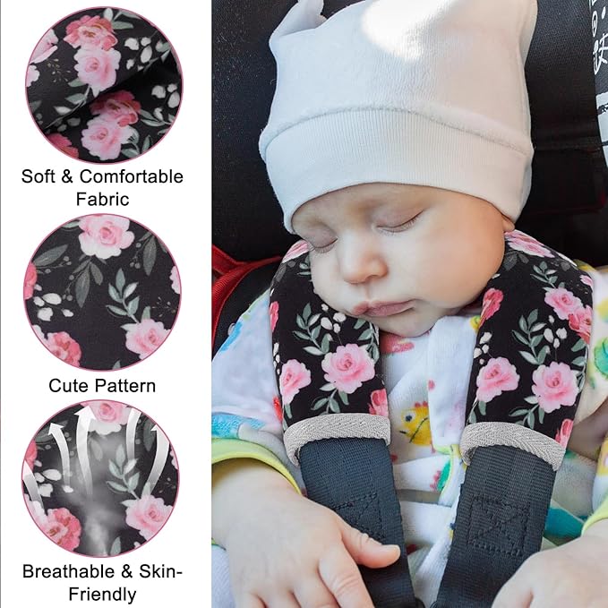 Seat Belt Cover Pad for Baby, Soft Seatbelt Cushion Covers for Kids 2Pcs Car Seat Strap Shoulder Pads for All Car Seats, Stroller, High Chair,Black Flower