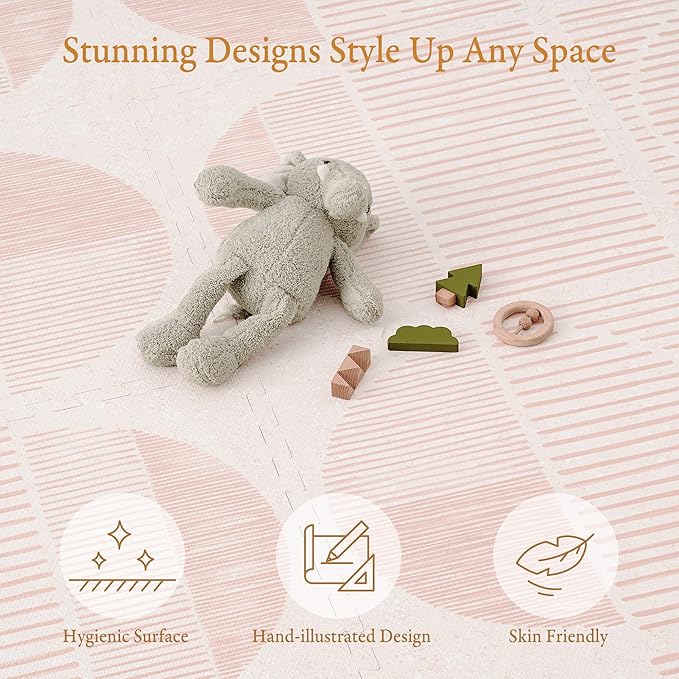 PopsyKosy Premium Baby Floor Play Mat - Extra Thick & Cushioned 1 inch Playroom Foam Mat, Non-Toxic Odorless - 6 Tiles - Spacious 6x4 ft. - Stylish & Large, Waterproof for Kids & Toddlers - Cream Pink