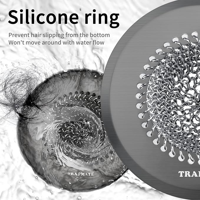 TRAPMATE Shower Hair Drain Catcher, Easy Clean Bathtub Drain Hair Catcher, Fast Drainage Tub Drain Protector, Stainless Steel Shower Drain Cover for US Standard Regular & Pop-up Drain Screen (Black)