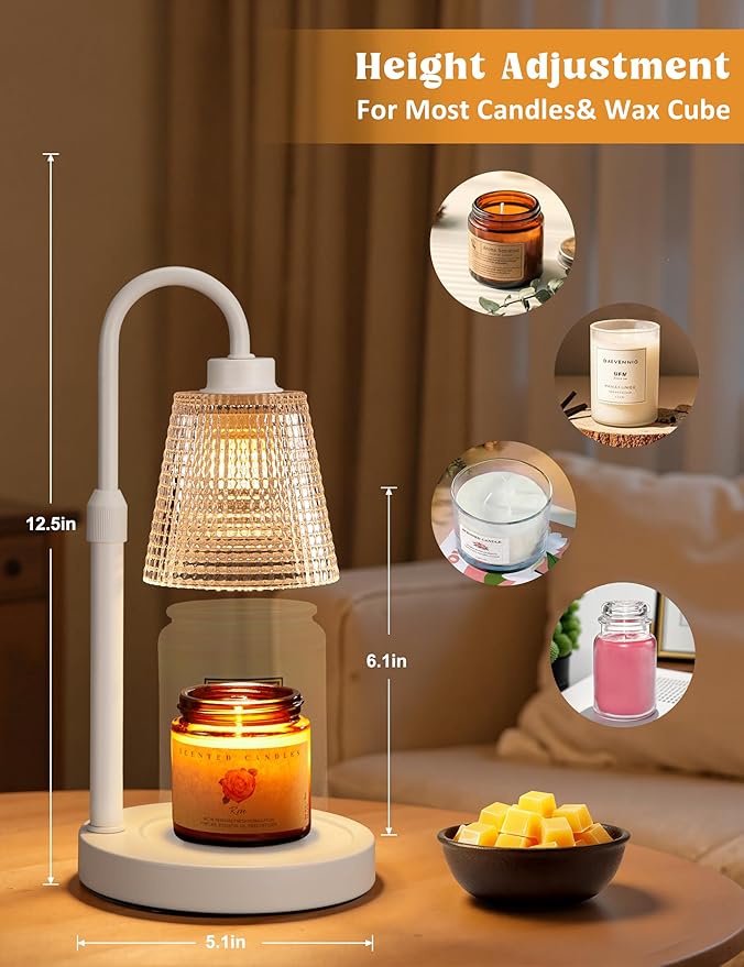 Innqoo White Candle Warmer Lamp with Timer, Dimmable Candle Warmer for Jar Candles, Height Adjustable Wax Melts Warmer, Birthday Gifts for Women Mom, House Warming Gifts New Home Decor