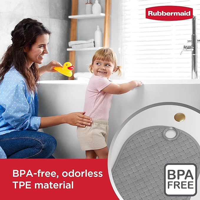Rubbermaid INSTAMAT Bath Tub Shower Mat, Non-Slip Tub Mat with Suction Cups, Bath Mat Hangs on Showerhead for Quick Dry, 27.2 x 15.2 Inch, BPA-Free, Easy to Clean, for Inside Tub or Shower, Grey