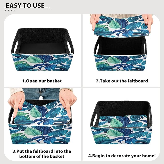 Kcldeci Turquoise Green Tropical Palm Leaves Storage Bins Baskets for Organizing 2Pack, Sturdy Storage Basket Foldable Storage Baskets for Shelves Closet Nursery Toy