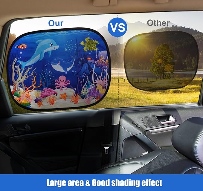 ABSOFINE Car Window Sun Shades for Baby Kids 2 Pack 19"x14", Ocean World Window Shades Sun Blocker Cover, Baby Car Shades for Back Windows with 8 Suction Cups and Storage Bag, Anti Glare & UV