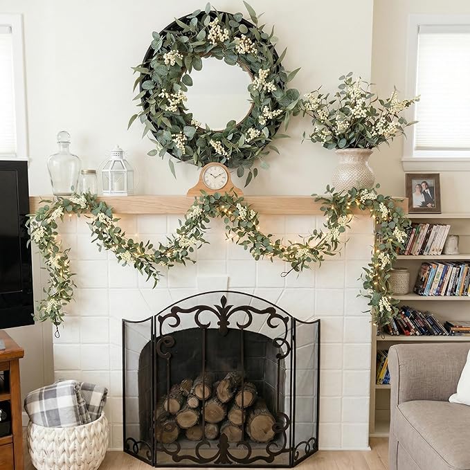Pinkpum 20'' Eucalyptus Wreath 6FT Greenery 20'' Artificial Plants Set 6 for Front Door Fireplace Table Hanging Porch Wall Home Window Decor Farmhouse Garden Indoor Outdoor Summer Spring Fall Garland