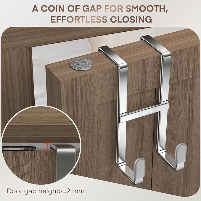 FYY 2 Packs Over The Door Hooks, Double Sided Door Hanger Hook - Heavy Duty No Drill Wall Hooks for Hanging Coats, Towels, Bags, Kitchen Closet Fits Most Doors Up to 1-7/8" Thickness (5.12"L, Silver)