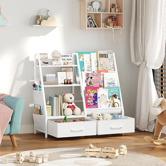 MAHANCRIS Kids Bookshelf and Toy Storage,3-Tier Sling Bookcase for Kids,Sturdy Toddler Bookshelf for Nursery,Playroom, Bedroom,White KBWT8401