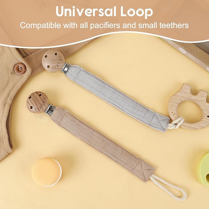 TYRY.HU Ribbon Pacifier Clip Holder,2 Pack Binky Paci Holder Clips, Pacifier Leash for Baby Boys and Girls, Soft Webbing Strap Universal Fits for Most Pacifier, Styles & Teethers Toys(Khaki,Grey)