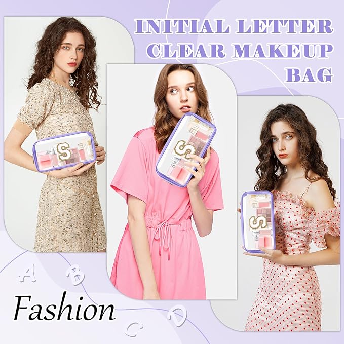 Personalized Initial Letter Clear Preppy Makeup Bag, Purple Chenille Letter Nylon Cosmetic Zipper Pouch, TSA Approved Travel Toiletry Bag, Monogram Makeup Case Gift for Women