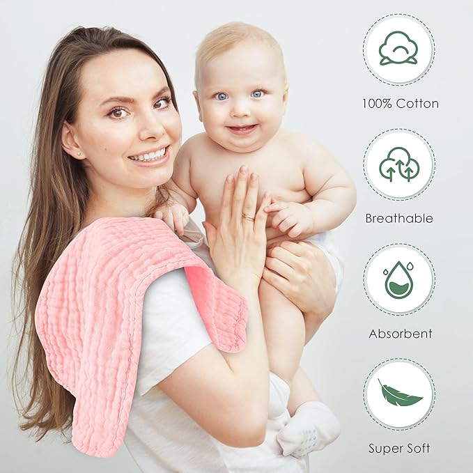 Spotted Play Muslin Burp Cloths 100% Cotton Large 20''x10'' Extra Soft and Absorbent Baby Wash Cloths Spit Up Rags - Baby Burping Cloth for Boys Girls Items(12 Pack Pink)