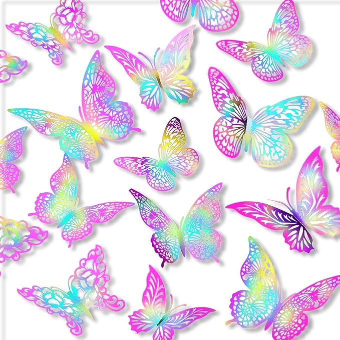 3D Gold Butterfly Wall Decor 3 Sizes 4 Styles Butterfly Party Decorations Cake Decorations Removable Stickers Wall Decor Room Mural Metallic Kids (Laser Pink Purple, 36Pcs)