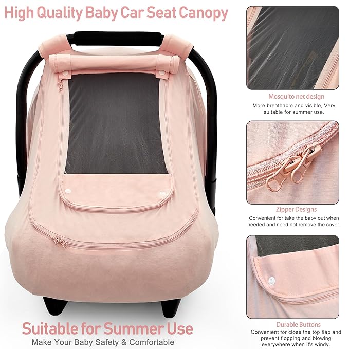 Baby Car Seat Cover for Summer/Spring,100% Organic Cotton Carseat Cover for Babies,Infant Car Seat Cover Canopy for Boys& Girls, Lightweight & Breathable (Pink)