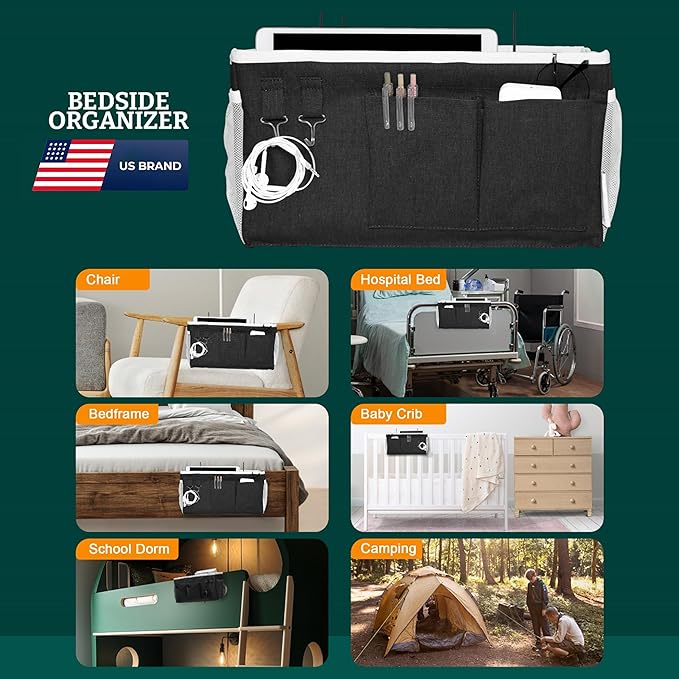 Bedside Caddy Organizer Hanging Storage Bag with Pockets for Books, Magazines, Phone, Tablet & Water Bottle – Bedside Storage for Dorm, Bunk Beds, Hospital Beds & Cribs, Black