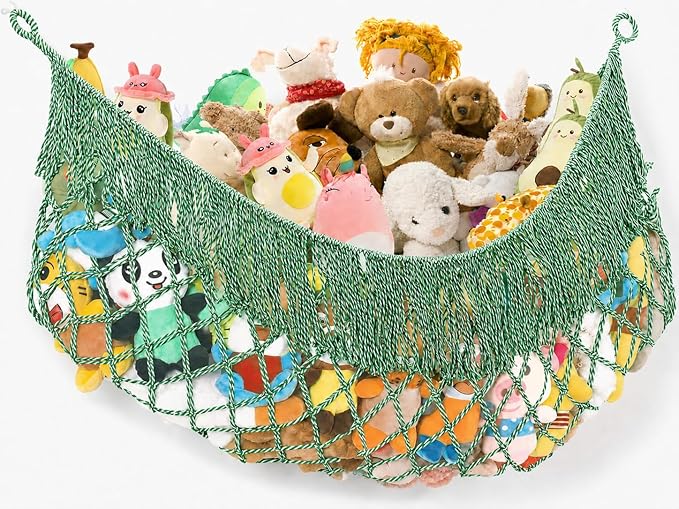 Stuffed Animal Hammock - Extra Large 63'' Long, Stuffed Animal Storage, stuffed animal Holder net, Hammock Large, Storage Hanging Organizer - green-white